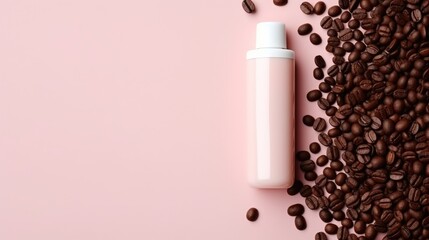 Beauty product inspired by coffee. White bottle with bode lotion or soap lotion, shampoo or shower gel from coffee. Toning shampoo coffee. Bottle is made of recyclable plastic