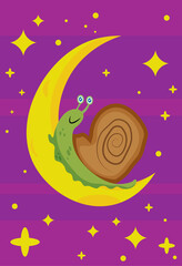 Fototapeta na wymiar Snail on moon in cute cartoon style beautiful art snail moon.
