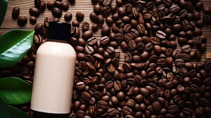 Beauty product inspired by coffee. White bottle with bode lotion or soap lotion, shampoo or shower gel from coffee. Toning shampoo coffee. Bottle is made of recyclable plastic - obrazy, fototapety, plakaty
