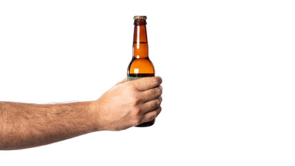 Hand holding a beer bottle isolated on white background. Beer bottle in hand isolated. - obrazy, fototapety, plakaty