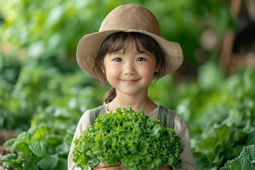 Asian little girl is holding fresh hydroponics vegetable in the farm and she is smiling with happy moment, concept of healthy food,  gardening and kid learning activity.
