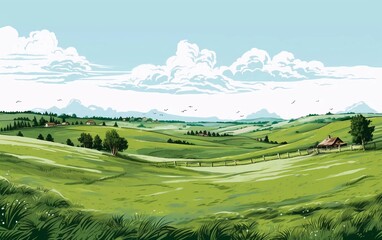 Sketch vector illustrationGreen grass field on small hills. Grassland, very beautiful sketch

