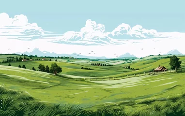 Foto op Canvas Sketch vector illustrationGreen grass field on small hills. Grassland, very beautiful sketch   © Harjo
