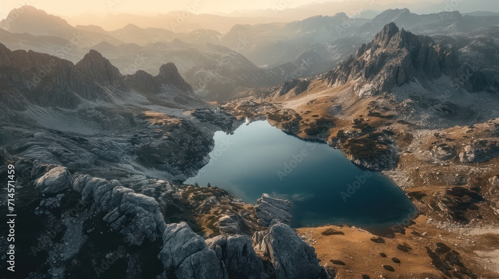 Poster an aerial view of a mountain range with a lake in the foreground and a mountain range in the far dis