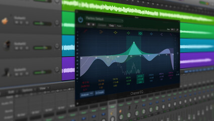Image of multitrack sound audio wave on monitor. Recording, Mixing, and mastering in studio. - obrazy, fototapety, plakaty