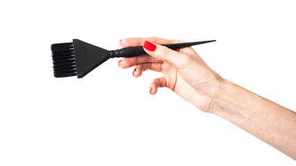 Female hand holding hair coloring brush over white background.