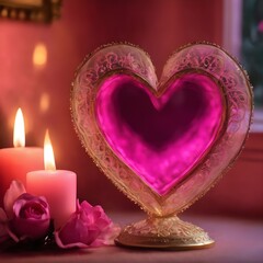 heart and pink candles on blurred bokeh background