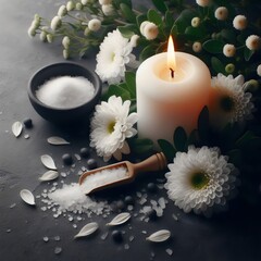 Fototapeta na wymiar A Candle and flower on Beautiful Background Funeral white flowers Holocaust's Day Generative Ai