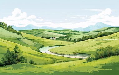 Sketch vector illustrationGreen grass field on small hills. Grassland, very beautiful sketch

