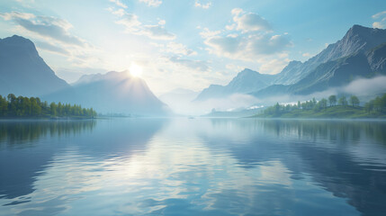 Serene Dawn: Tranquil Lake with Reflective Waters at Sunrise in the Embrace of Misty Mountains