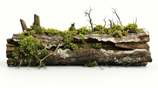 A rotten wood cover by green moss, white background