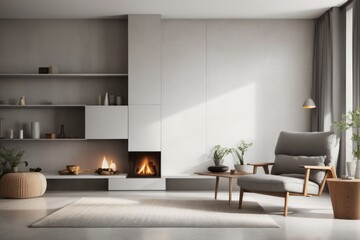 Scandinavian interior home design of modern living room with gray chair and shelf near fireplace with concrete wall