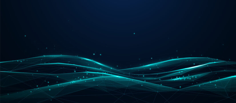 Abstract dynamic blue dots and line connection wave background. Network connection. Bigdata. Blue wave of illumination in futuristic
