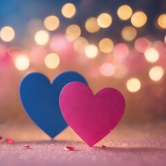 Blue and pink heart shapes, Valentines day background. Be my valentine theme. valentine celebration concept greeting card hearts on string with gold defused bokeh lights in the background