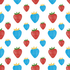 Assorted Colorful Cartoon Red and Blue Strawberries  on a White Background.This image features a playful and vibrant pattern of illustrated strawberries and apples with a simplistic design, set.