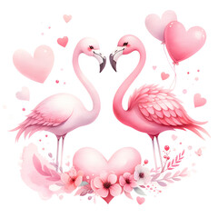 two pink flamingos with hearts