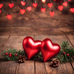 two red christmas lights with hearts on wooden background, valentines day concept, copy space.