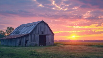 Obraz premium An old barn near field during a golden hour sunset