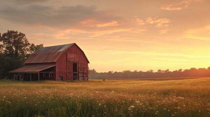 An old barn near field during a golden hour sunset