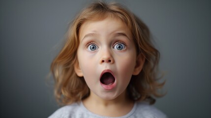 Surprised or shocked little caucasian girl with eyes and mouth wide open on neutral gray background