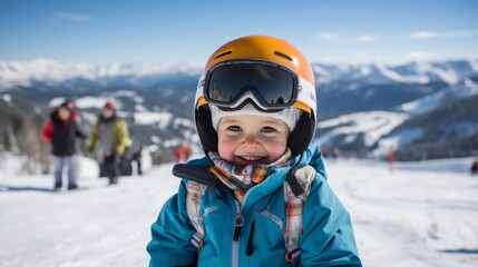 Fototapeta na wymiar A happy kid standing on a ski slope at a ski resort. A young smiling child in a skiing helmet and goggles standing on top of a snowy mountain on a sunny winter day. Kid skiing on winter holidays.