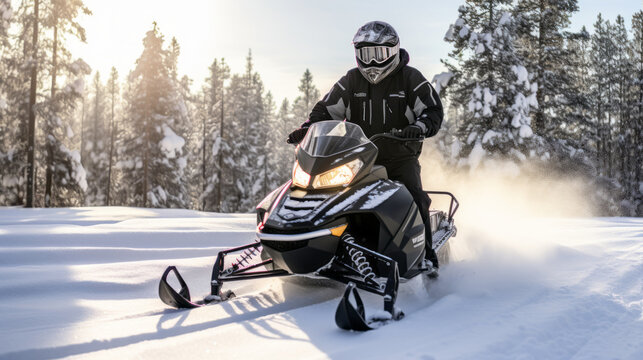 A man riding on a snowmobile through a snowy forest on a sunny winter day. Guy riding outside on a cold winter day. A man is riding on a snow mobile in a snowy forest.