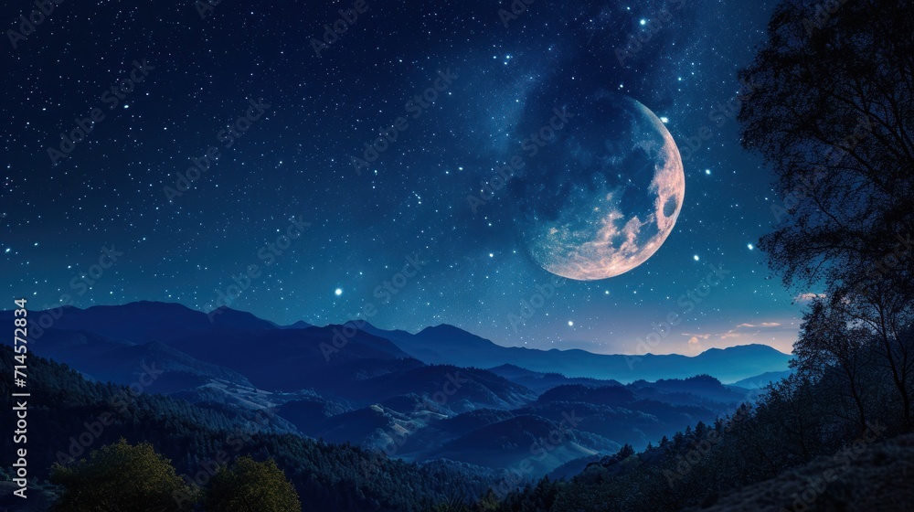 Wall mural a night scene with a full moon in the sky and mountains in the foreground with trees in the foregrou