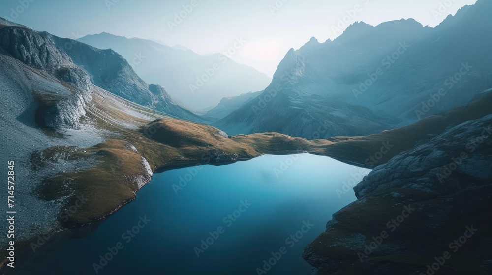 Poster a lake in the middle of a mountain range with snow on the ground and a mountain range in the backgro
