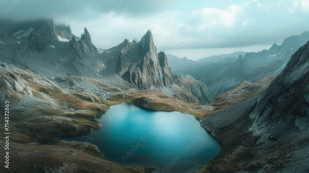 Poster a lake in the middle of a mountain range with a mountain range in the background and a blue body of 