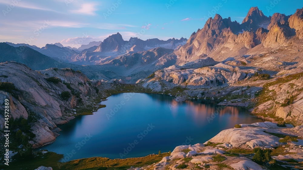 Poster a mountain range with a lake in the foreground and a mountain range in the background with a blue sk