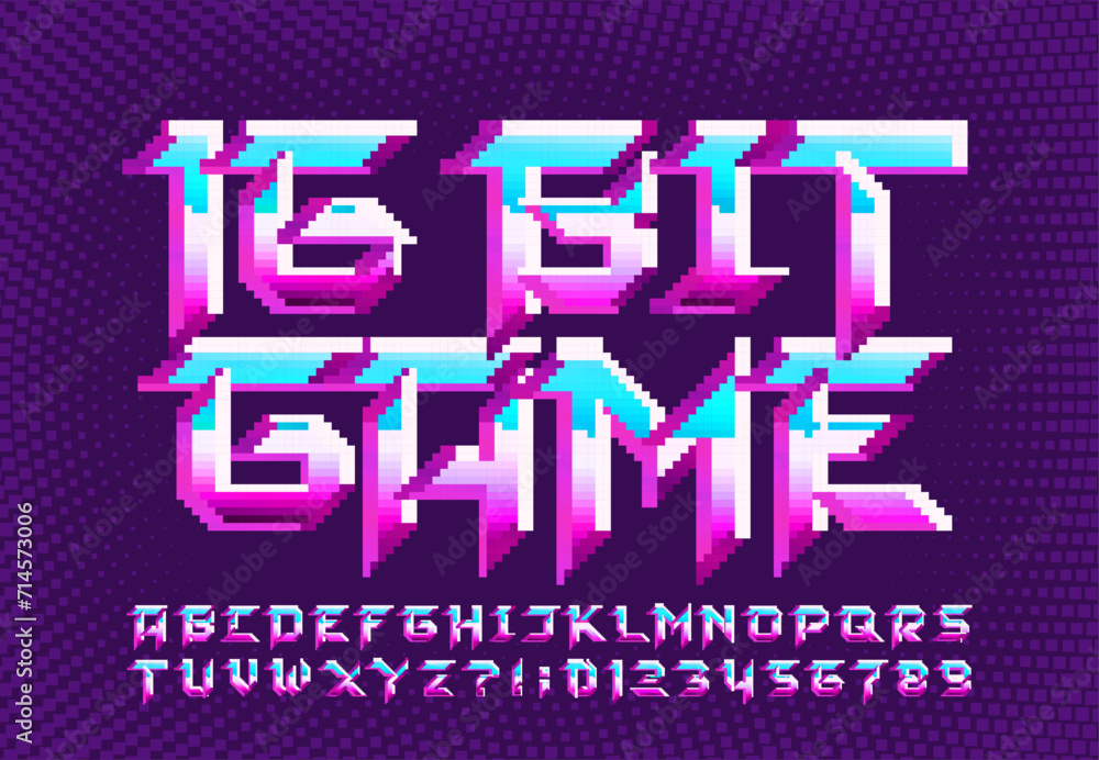 Poster 16 bit game alphabet font. pixel letters and numbers. 80s 90s retro video game typeface.