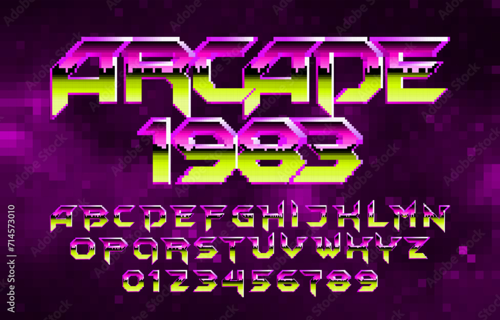 Poster arcade 1983 alphabet font. pixel letters and numbers. 80s retro video game typescript.