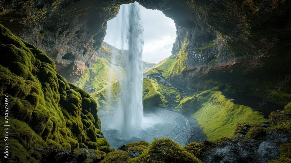 Poster an image of a waterfall in the middle of a cave with moss growing on the rocks and the water flowing
