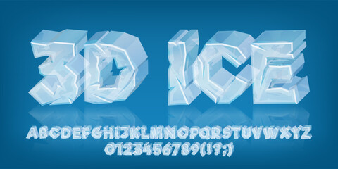 3D Ice alphabet font. Cartoon ice block letters and numbers. Stock vector typeface for your typography design.