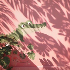 Green Hue of Crocodile on Pink Wall