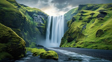  a very tall waterfall in the middle of a lush green valley with a river running between it and a road running between the two sides of the falls is surrounded by lush green grass. - obrazy, fototapety, plakaty