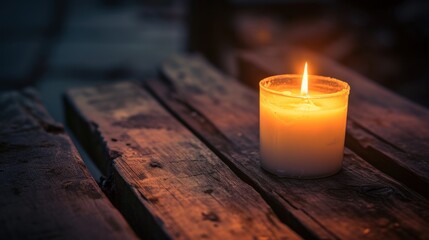  a lit candle sitting on top of a wooden table next to a bottle of wine on a wooden table top with a blurry background of wood planks and a bench.