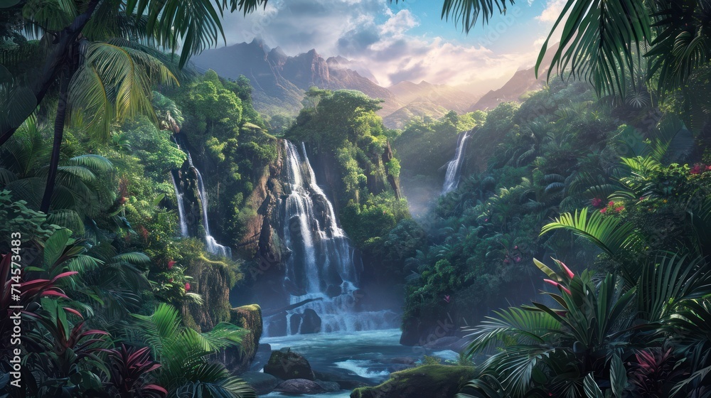 Poster a painting of a waterfall in the middle of a jungle with lots of trees and plants on either side of 