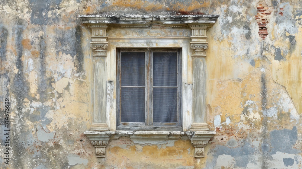 Poster a window on the side of a building with peeling paint on the walls and below it is a window with a c
