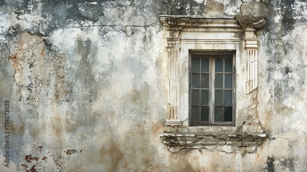 Poster a window on the side of a building with peeling paint on the walls and a broken window pane on the s