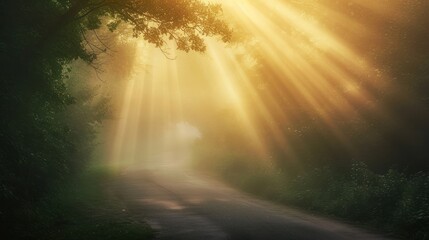  the sun shines brightly through the trees on a foggy, tree - lined road in the middle of a wooded area with a bench on one side of the road.