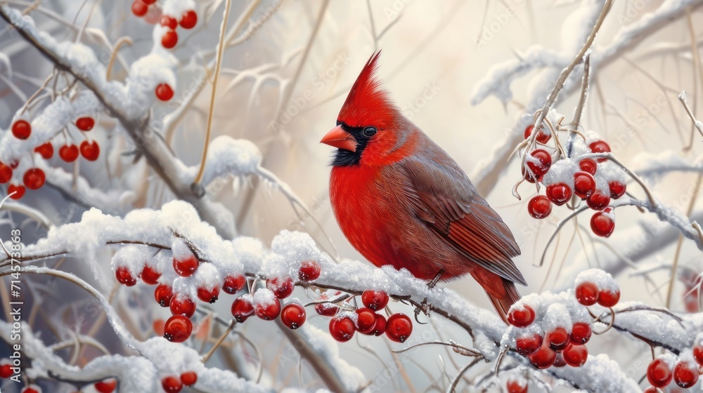 Poster a red bird sitting on a branch of a tree with snow on it and berries in the foreground, with a backg