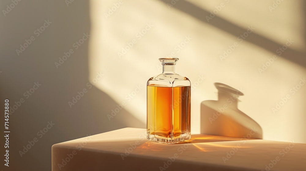 Poster a bottle of oil sitting on top of a table next to a shadow of a light shining on the wall and a shad