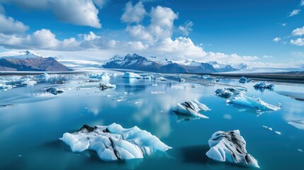  a group of icebergs floating on top of a body of water with mountains in the background and blue sky with white clouds in the middle of the water.