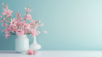 Elegant Soft Pink Blossoms in White Vases on Pastel Blue Background - Minimalist Floral Arrangement Design