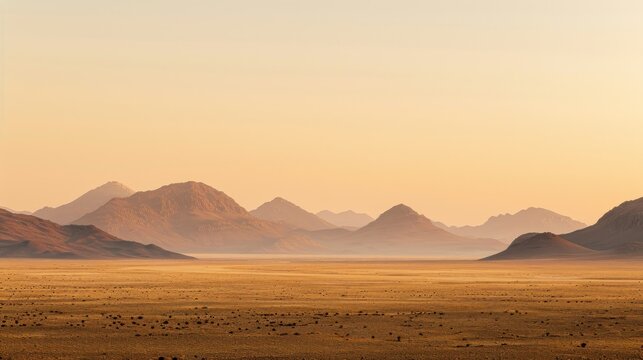  a group of mountains in the distance with a desert in the foreground with a few animals in the foreground, and a hazy sky with no clouds in the background. © Olga