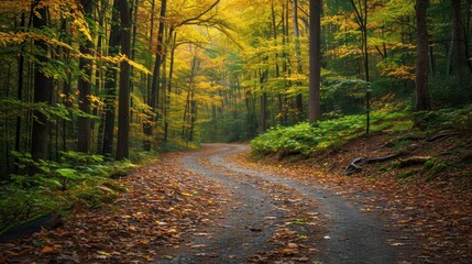  a dirt road in the middle of a forest with lots of leaves on the ground and trees on the side of the road with yellow and green leaves on the ground.