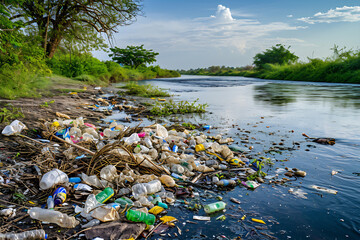 water pollution with a polluted riverbank littered with plastic waste - obrazy, fototapety, plakaty