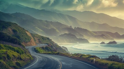  a picture of a road going down a hill by the ocean with a view of mountains and a body of water on the other side of the road in the picture.