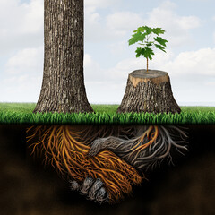 Fix a Broken relationship and reviving a dead partnership with two trees with roots representing a business handshake with one tree cut down and the root rotting recovering  with new growth as a symbo - obrazy, fototapety, plakaty